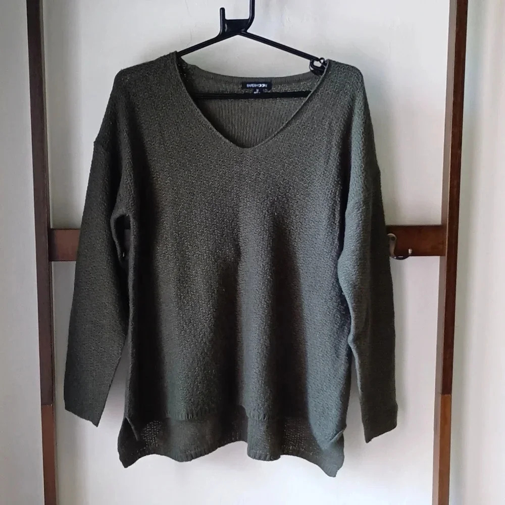 Papermoon Dark Green V Neck Crochet Sweater